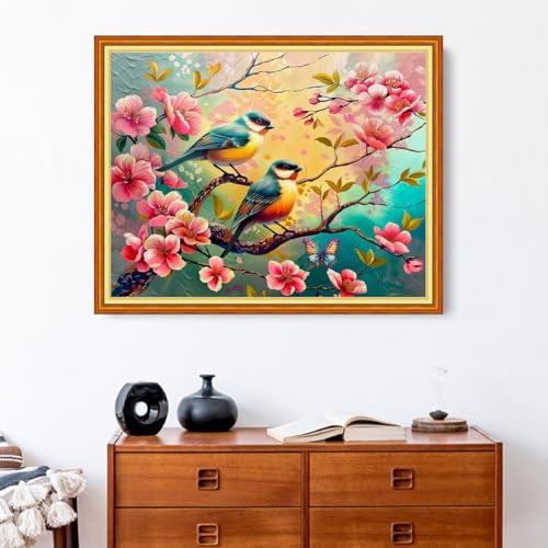 Redxing Stamped Cross Stitch Kits - Beach Night Landscape Counted Cross Stitch Kits for Beginners Adults Needlepoint Cross-Stitch Patterns-Little Bird Pink Peach Blossom 16x20 inchs - color: ArtsKit03
