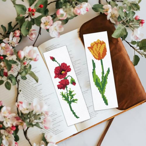 BEUNITONE 6 Pcs Flower Bookmark Cross Stitch Kits DIY Stamped Embroidery Bookmark Kit for Adults Beginner with Instructions Vivid Floral Cross Stitch Kits for DIY Crafts Book Lovers Gifts 2.4x8 in - style: Single Flower