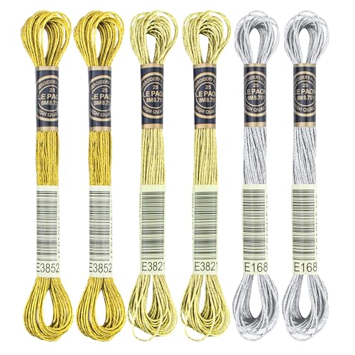 6 Skeins Embroidery Thread, 3 Colors Metallic Embroidery Floss Set, Polyester Cross-Stitch Threads for Hand Embroidery, String Art - color: mix color