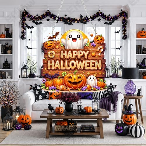 Eiflow Acrylic Diamond Art Hanging Kit for Adults, DIY Diamonds Painting Door Hanger Board Kit, Special Crystal Diamond Art Painting Pendant Ornament (Halloween Sign) - color: Halloween Sign