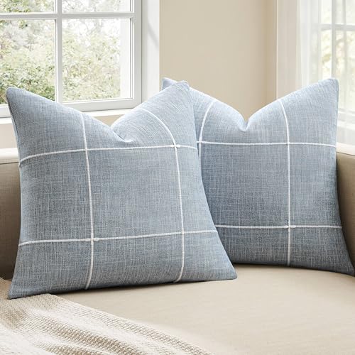 2 Packs Grid Embroidery Throw Pillow Covers 22x22in Blue - color: Blue, size: 22" x 22" (Pack of 2)