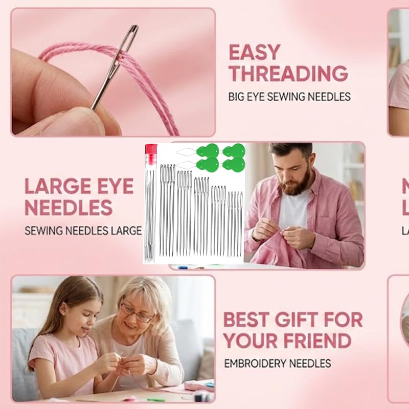 50 pcack Large Eye Hand Sewing Needles Set, 5 Sizes Stainless Steel with Threader - Big Eye Embroidery Quilting Leather Upholstery Beading Needles for Crafts DIY