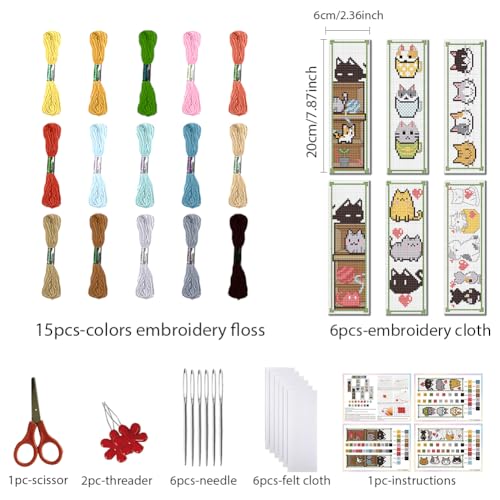 FREEBLOSS 6 Set Cross Stitch Bookmark Kit 8"x2.4" 11CT Cartoon Cat - style: Cats Life