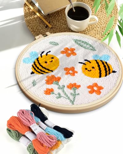TINDTOP Punch Needle Kits, DIY Punch Embroidery Kits for Adults Beginner, Tool with Punch Needle Fabric, Hoops, Yarns and Sewing Needles (Set E) - color: Set E
