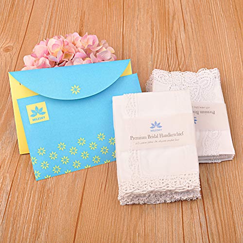 Milesky White Wedding Handkerchief Pure Cotton, Soft Ladies Hanky with Crochet Lace - color: Ch05
