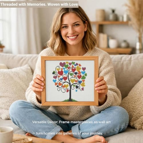 HKLIOPU Stamped Cross Stitch Kits - Love Tree Embroidery Starter Kit for Adult Beginners, 11CT Needlepoint Cross-Stitch Patterns Dimensions Kit Arts and Crafts 13.8X 13.8 inch - color: USL-002