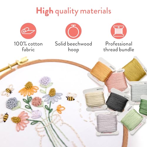 Clever Poppy Bee Happy Beginner Embroidery Kit – Easy Embroidery Kit for Beginners with Hoop, Thread & Patterns – Hand Embroidery Kit for Adults and Teens – Complete Embroidery Starter Kit