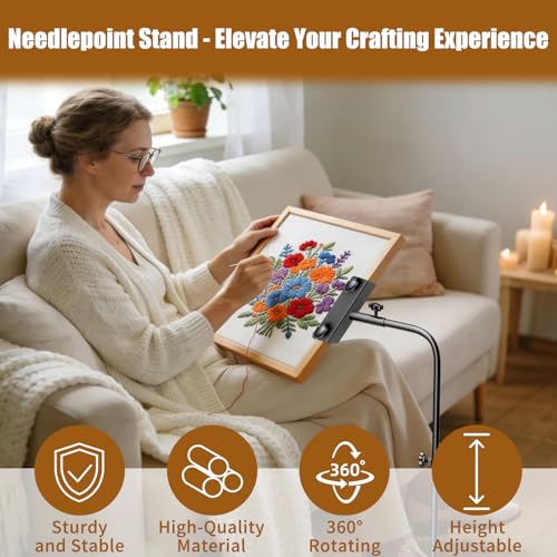 Workstand with Side Clamp for Lowery Stands, Heavy Duty Metal Needlepoint Stand, 360° Rotating & Height Adjustable Cross Stitch Floor Clampd for Embroidery, Punch Needle, Large Hoops