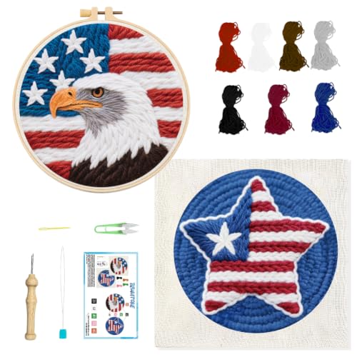 BEUNITONE 2Pcs Punch Needle Kit for Beginners, American Flag Starter Embroidery Kits with Frame & Instructions, Needle Felting Kit Poke Art for Adults DIY Craft for Coasters, Bags, Clothes Decor - color: 05-American
