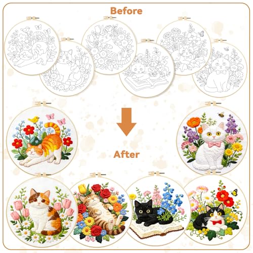 BEUNITONE 6 Set Cat and Flowers Embroidery Kit for Adults Beginners, Pre-Stamped Pattern Needlepoint Kits with Hoop, Tools, Instruction, Hand Embroidery Kits for Gifts, Fabric and Home Decor 7.9x7.9 - style: Cats Flowers