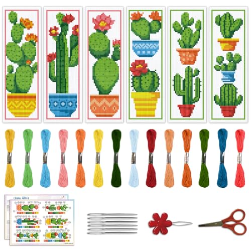 ACRNIGHEET 6PCS Cactus Cross Stitch Bookmark Kit for Beginner Stamped Cross Stitch Kits for Adults DIY Embroidery Bookmark Kits Crossstitch Kits Adult with Instructions Hand Craft Gift 11CT - style: Cactus patterns