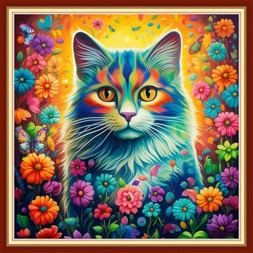 Joyhoor Stamped Cross Stitch Kits for Beginners, Needlepoint Kits for Adults, 11CT Counted Embroidery Kits-Cat Flowers 18x18 inchs - color: Artstyle01