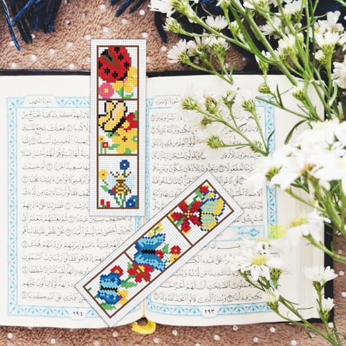 BEUNITONE 6 Pcs Insects Cross Stitch Bookmark Kits for Beginners Bookmark with Butterflies Dragonflies Pattern Counted Cross Stitch DIY Stamped Embroidery with Instructions for Book Lover 8''x2.4'' - style: Triple Grid Mixed