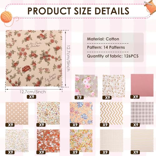 126 Pcs Charm Squares Pack for Quilting 5 inch, 100% Cotton Fabric Square Pre Cut Quilted Fabric Floral Patchwork for Sewing DIY Craft Project Blanket Making Assorted (Khaki) - color: Khaki