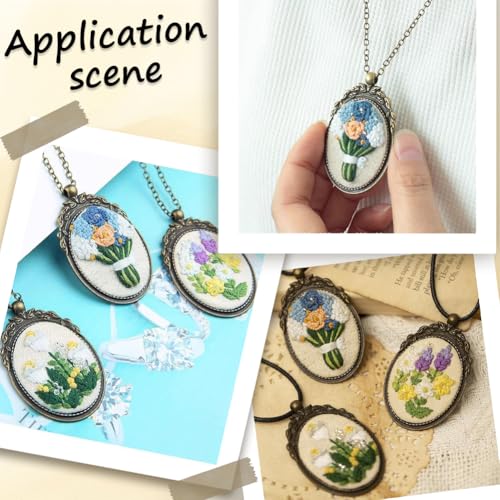 SUNNYCLUE DIY 3 Sets Embroidery Necklace Kits Embroidery Necklace Pendant with Paper Instructions Flower Pattern Cloth Thread Needle Hoops Mini Cross Stitch Kit for Beginner Starter Adult handmde Gift - style: Flower 4