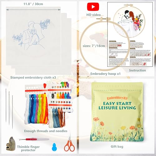LX LERMX Embroidery Kits for Beginners, Adult Starter Cross Stitch Kit Needlepoint Complete DIY Kit with Unique Patterns, Hoop, Colorful Threads, Tools, Step by Step Instructions & Video Tutorial - color: Pattern 5 - 3PCS