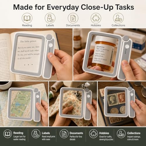 TECHSHARE 4X Rechargeable Magnifying Glass with Light, Large Rectangular Glass Lens, 10 LEDs, 3 Brightness Levels, USB-C Foldable Magnifier for Reading Books, Bible, Small Print, Seniors