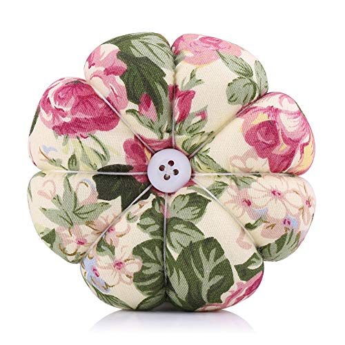 Pumpkin Pin Cushion with Magnetic Wooden Base, Cute Pincushion for Sewing, Japanese Style Needle Holder for Quilting and DIY Crafts, Floral Design