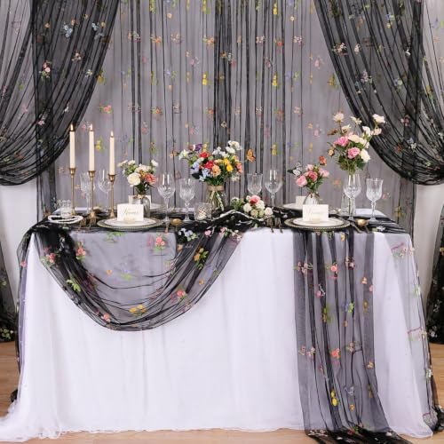 Black Floral Gauze Table Runner 10ft Embroidery Tulle Spring Wildflower - color: Black, size: 27"x120",1pc