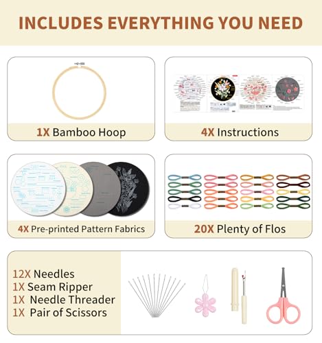 pindda Embroidery Kit for Beginners Adults, with Embroidery Patterns, Embroidery Hoop, Tools, Colorful Threads, Step by Step Instructions, Beginner-Friendly DIY Gift Hobbies for Women