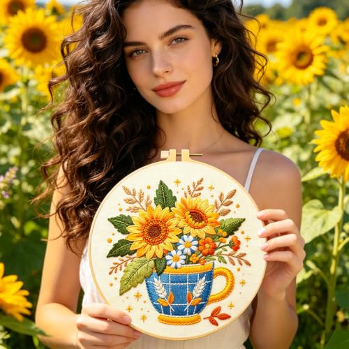 BEUNITONE 4 Set Embroidery Kits for Beginners, Flower Arrangement Design with Pre-Stamped Pattern Craft Kits Include Instruction and Hoops, 7.9x7.9 Needlepoint Kits for Festival Gifts and Home Decor - style: B-Flower Arrangement