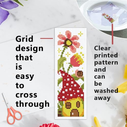INFUNLY 6pcs Flowers Cross Stitch Bookmark Kits for Adults Mushroom Houses DIY Cross Stitch Kit with Instructions Pre-Printed Birds Tree Stake Stamped Embroidery Bookmark Kit for Book Readers Gift - style: Flower Mushrooms