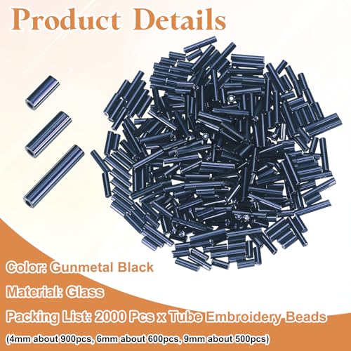 MECCANIXITY 2000pcs Glass Bugle Beads 4/6/9mm Long Tube Cylinder Beads - color: Gunmetal Black