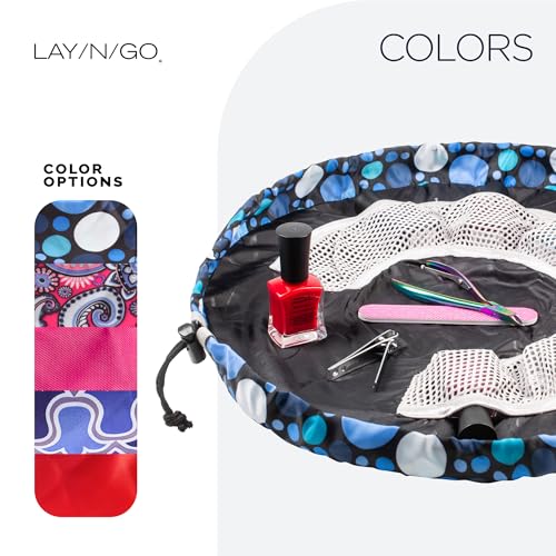 Lay-n-Go NailSpa Drawstring Cosmetic Bag - Portable Nail Supplies Organizer Bag w/ 8 Elastic Mesh Pockets & Circular Center - Durable, Machine Washable Nail Kit Organizer (18", Blue Polka Dot) - color: Dot Calm (Blue)