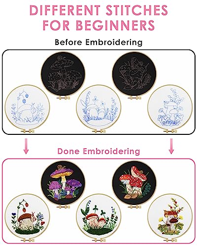 Embroidery Kit for Adult, 5 Sets Mushroom Embroidery Kit for Beginners - color: Mushroom