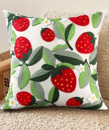 Embroidered Throw Pillow Cover, 18x18 Inch, Strawberry Leaves - color: Leaf Strawberry, size: 18" x 18" (Pack of 1)