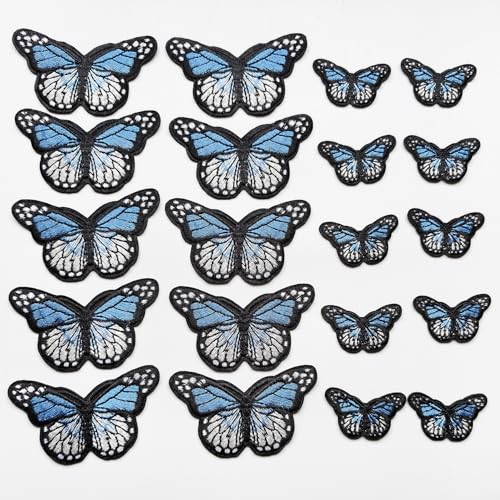 20pcs Butterfly Iron on Patches, 2 Sizes Blue Butterfly Embroidered Patches Applique for Clothes Hats Jeans Jacket - color: Blue butterfly