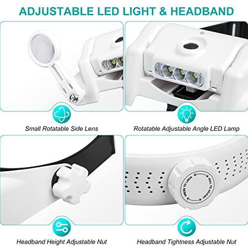 Headband Magnifier Glasses, Lpluziyyds 1X to 14X Rechargeable Head Magnifier with LED Light, Handsfree Head Mount Magnifying Glass with 6 Detachable Lens for Close Work Reading Jewelry Crafts Repair