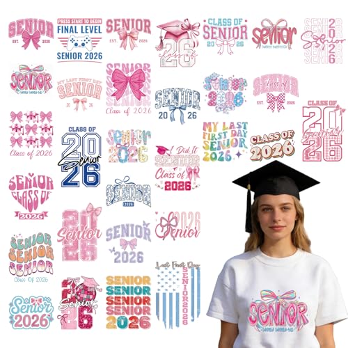 Rngmsi Dtf Transfers Ready to Press - 30 Pcs Happy Graduation 2026 Iron on Patches for T-Shirts, Iron on Stickers, Bow Heat Transfer Vinyl Decals for DIY Fabric Clothes Decor - style: Happy Graduation