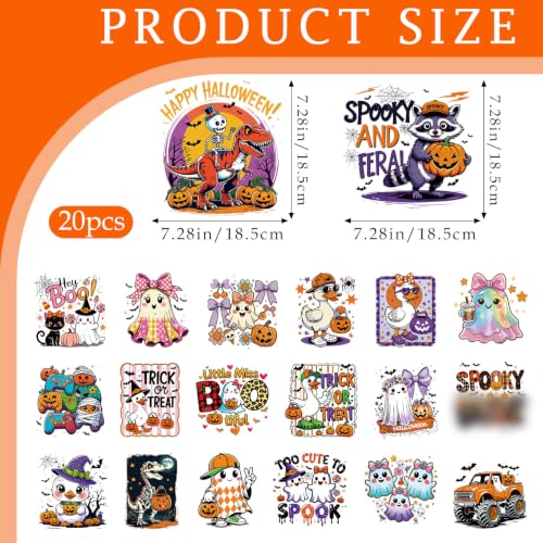 Dazoratix Halloween Iron on Transfers - 20 Sheets Funny Ghost DTF Ready to Press Cute Boo Heat Patches Spooky Pumpkin Stickers Vinyl Decal for T Shirts Clothes Hoodies Pillow Bag DIY Crafts Decoration - style: Halloween