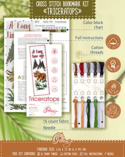 Povitrulya Dinosaur Counted Cross Stitch Kit 'Triceratops' - DIY Embroidery Book Marker Set with Paper Pattern, 16 Count Aida Canvas and Pre-Sorted Floss - color: Triceratops