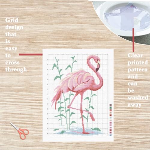 FREEBLOSS Flamingo Cross Stitch Kit Cross Stitch Starter Kit for Adults with Instructions 13 * 17'' Pure Cotton Cloth Cross Stitch for Beginnrs Cross Stitch Wall Hanging No Frame