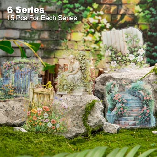 90Pcs Manor Fence PET Stickers, Vintage Garden and Floral Stickers for Scrapbooking, Journaling, DIY Crafts, with Organizer for Easy Storage - color: Mansion Fence
