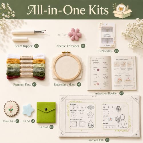Cikeela Embroidery Stitch Book Beginner with Fabric Pages, 31 Essential Stitches in Structured Learning Order for Adults, DIY Sewing Kit with Floral Motifs, Practice Patterns EmbroideryStitch Book Kit