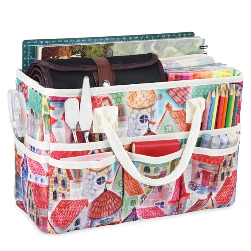 Craft Organizer Tote Bag with Multiple Pockets,Scrapbooking Art Storage - color: house