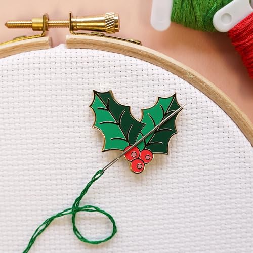 Caterpillar Cross Stitch Needle Minder - Holly Leaf for Cross Stitch, Sewing, Embroidery and Needlework Accessories, Enamel and Magnetic