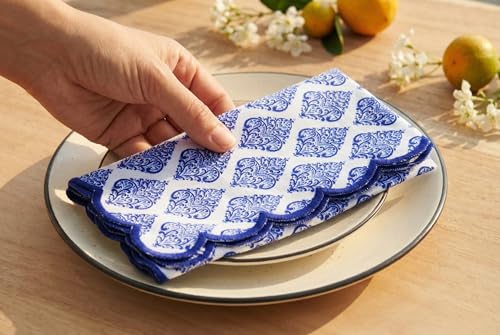 PurpleEssences Scalloped Cloth Napkins 18x18 in - Floral Paisley Edges Blue - color: Floral Paisley Edges - Blue
