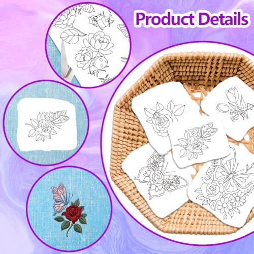 ORIGACH 4 Sheets Floral Insect Water Soluble Embroidery Pattern Stabilizers - color: Floral & Insects