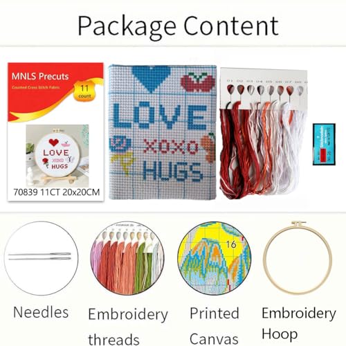 Zhenqing Love & Hugs Cross Stitch Kit for Beginners, 11CT Printed 20x20cm with 16cm Hoop, Heart Rose & Butterfly Embroidery Set(70839) - color: Love & Hugs