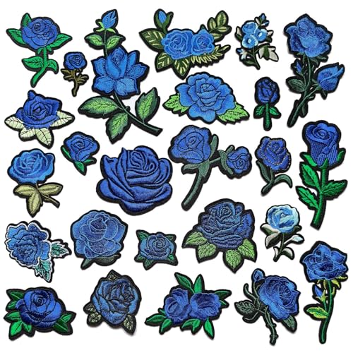 25pcs Rose Iron on Patches, Assorted Sizes Blue Floral Embroidered Patches Applique for Clothes Hats Jeans Jacket - color: Blue Rose