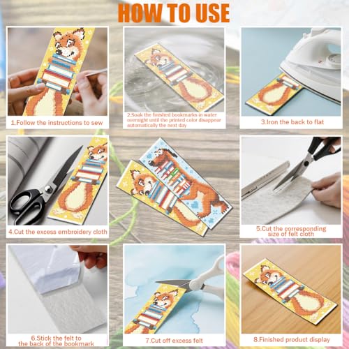 FREEBLOSS 6 Set Cross Stitch Bookmark Kit 11 CT Stamped Cross Stitch Kit DIY Embroidery Bookmark Kits for Adult Beginners with Instructions, Animal Books, 6 x 20 cm/8" x 2.4" - style: Animal&Books
