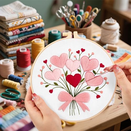 Heart Flower Embroidery Kits for Beginners Adults, Pink Embroidery Starter Kits, Counted Cross Stitch Kits for Adults Anniversary Valentine's Day Gift, Embroidery Hoops, Fabric Thread & Video Tutorial - color: H2033, size: 8Inch