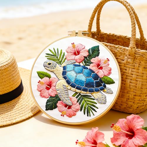 BEUNITONE 4 Pack Beginner Embroidery Kit for Adults, Marine Animals Flowers Pre-Stamped Pattern Needlepoint Kits with Hoops & Instruction, Handmade Embroidery Kits for Fabric and Home Decor 7.9x7.9 - style: A-Marine Animals