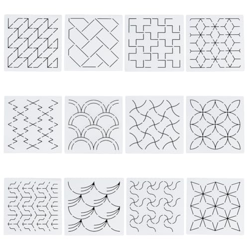 FREEBLOSS 12Pcs Sashiko Stencils Sashiko Embroidery PET Template Drawing Line Template for Hand Quilting Sashiko Patterns Templates Embroidery Stencils 5.5 * 5.5'' - style: Basic