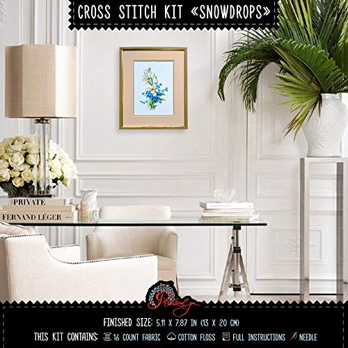 Povitrulya Spring Flowers Cross Stitch Kit “Snowdrops” | Embroidery Set with White Floral Pattern and 16 Count Aida Fabric - color: Snowdrops