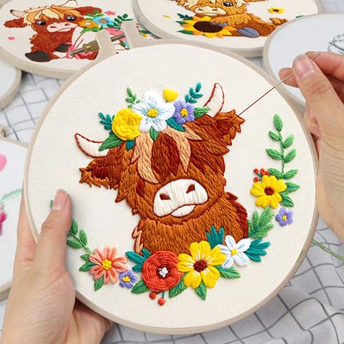Nuberlic 3 Pack Embroidery Kit for Beginners, Highland Cow Embroidery Kits - color: Highland Cow
